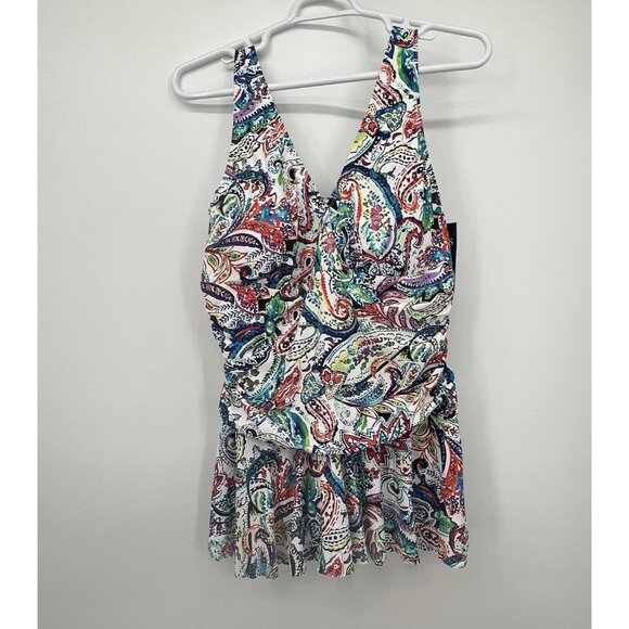 Chaps Womens One Piece Skirted Bathing Suit Size 20W Padded Paisley Floral Beach - Picture 1 of 14